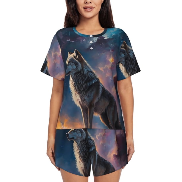 Fotbe Night Sky Wolf Conjunto de Pijama Estampado para Mujer, 2 Piezas, Ropa de Dormir con Camiseta de Manga Corta y Shorts Suaves-Medium