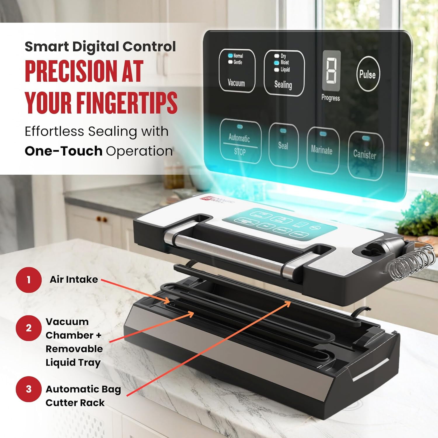 Magic Mill Premium Vacuum Sealer, Bag Sealer with Patent Liquid Sealing Technology, Easy Lock Handle, Multi-Mode Food Preservation Vacuum Sealer Machine
