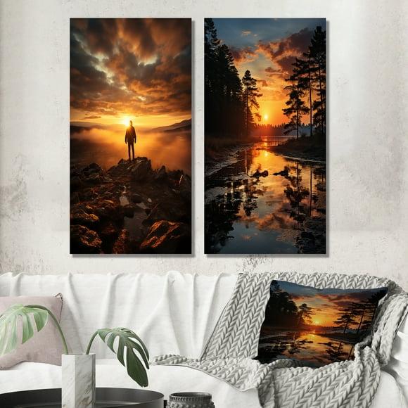 Designart "Embracing the Dawn Sunrise Beauty I" Sunrisesunset Wall Art Set Of 2 - Yellow Landscapes Canvas Set For Living Room Decor
