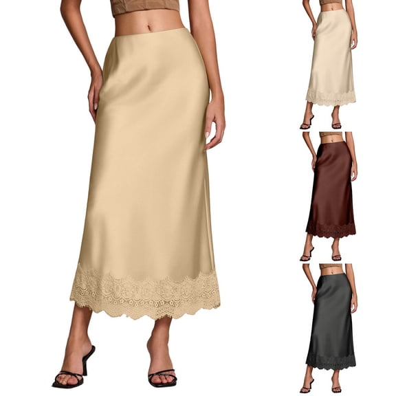 Maxi Skirts for Women Casual Comfort A line Summer Skirts Flowy Skirt Satin Solid Color Midi Skirt Silk Skirts for Daily Wear