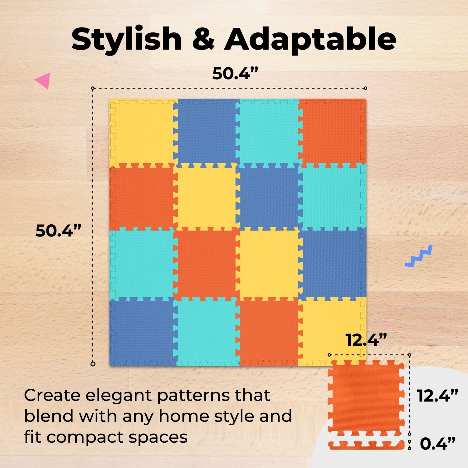 MioTetto Non-Toxic Foam Play Mat for Babies & Kids, Interlocking Puzzle Tiles, Cobalt-Apricot-Pine-Gold, 18 Pieces – Perfect for Tummy Time, Crawling, Nursery, Playroom, or Gym