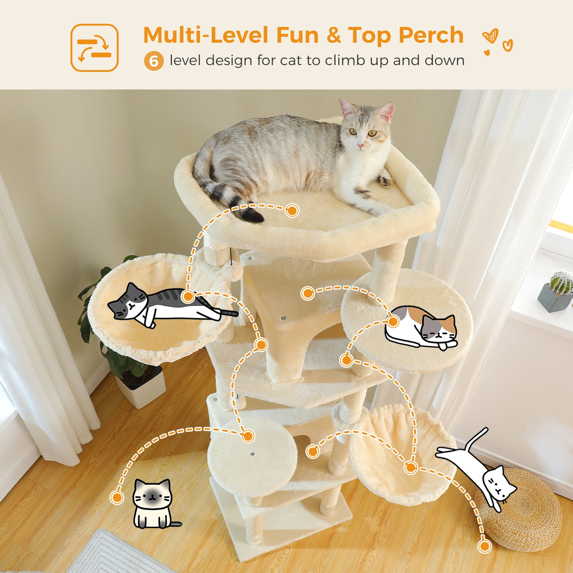 Pefilos 70" Tall Cat Tree Tower with Hammock, 5 Scratching Posts, 2 Condos and a Large Top Perches for Large Cats, Beige
