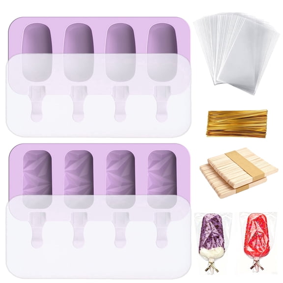 GlamourGaze 2 Pack Silicone Popsicle Mold Set, 8 Cavity with 100 Sticks, 100 Bags & 100 Gold Twist Ties, Reusable Easy Release for Baking, Lollipops, Ice Cream, DIY, Purple