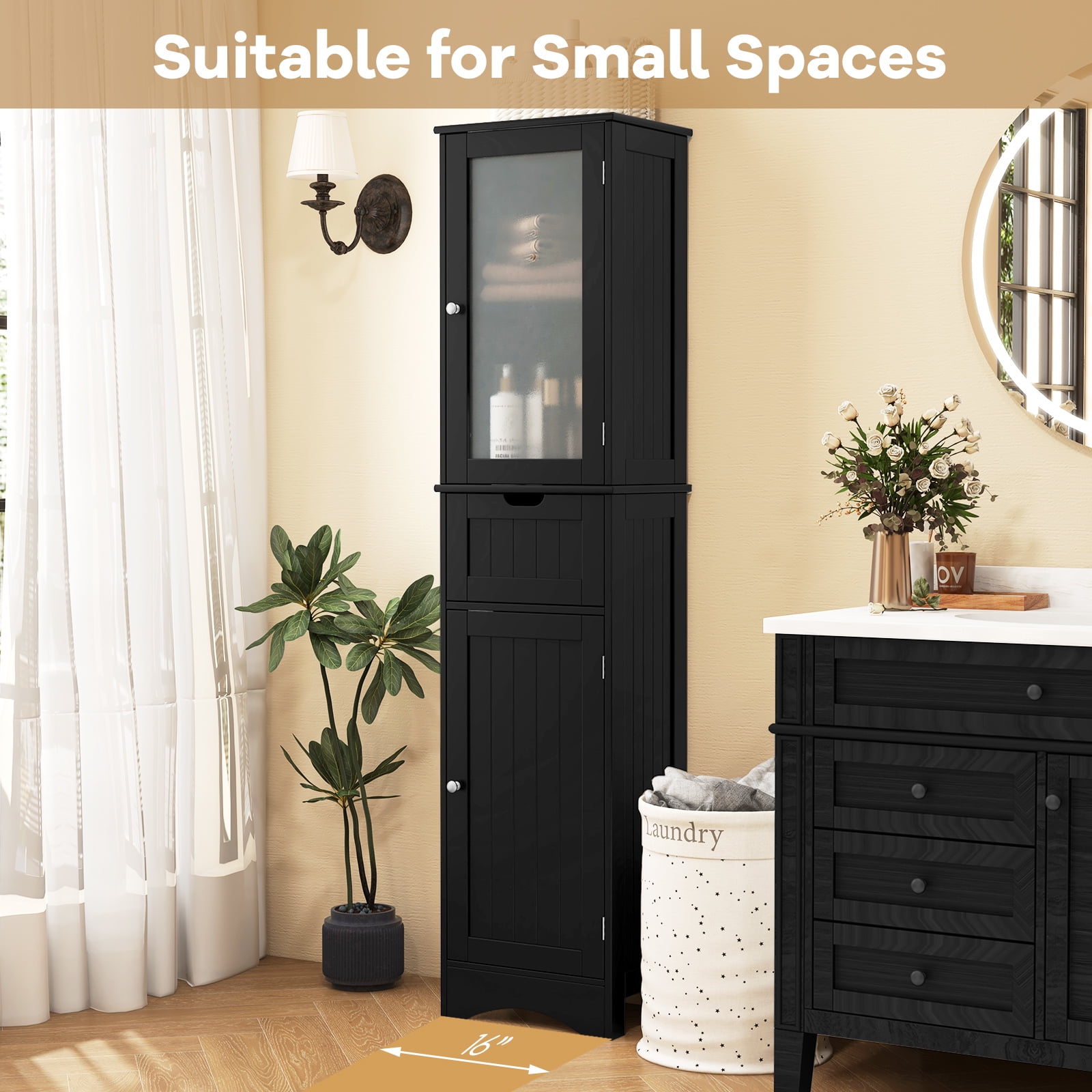 Giantex Tall Bathroom Storage Cabinet, Narrow Slim Linen Tower, Freestanding Floor Cabinet, Black