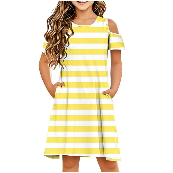 Annhoo Girls off the Shoulder Dresses Crew Beck Short Sleeve A-Line Striped Loose Casual Comfy Dresses 3-14 Years