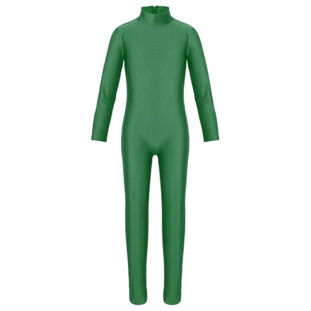 Vxuxlje Kids Boys Girls Spandex Turtleneck Long Sleeve Unitard Jumpsuit Full Length Gymnastic Leotard Green 3XL