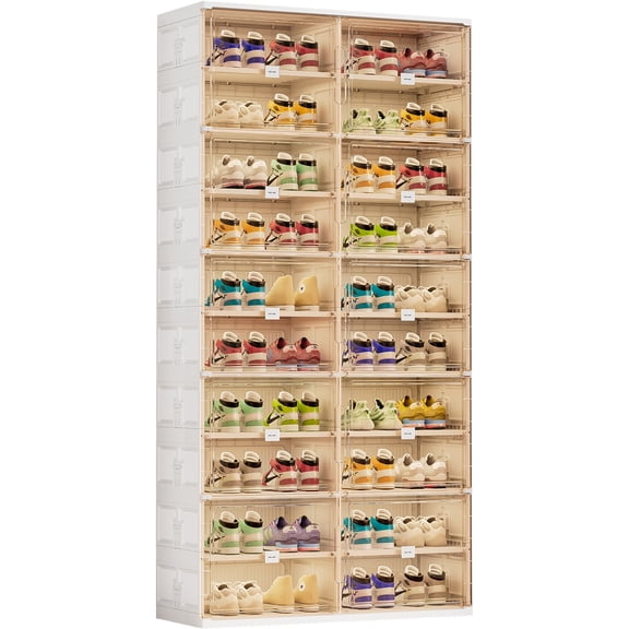 JEKO&JEKO 10-Tier Double Column Foldable Shoe Storage Rack with Magnetic Doors, White