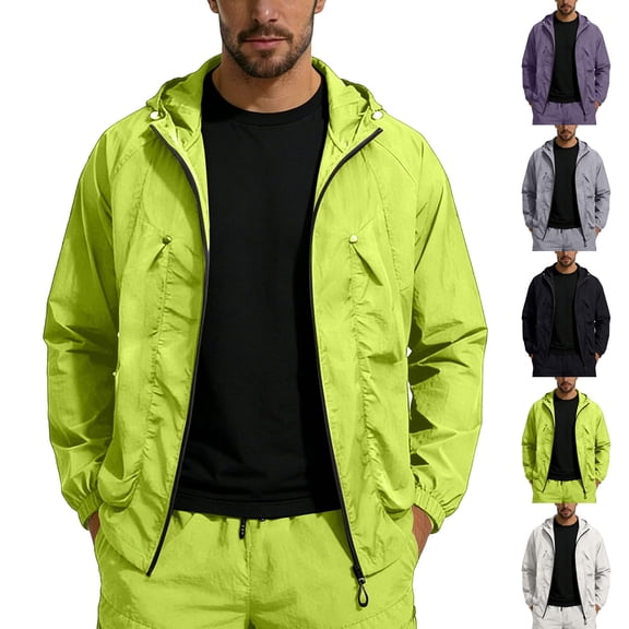 Mens Windbreak Lightweight Waterproof Running Jackets with Zip Pocket, Workout Track Hoodie Athletic Gym Sweatshirts Men Size 4XL White