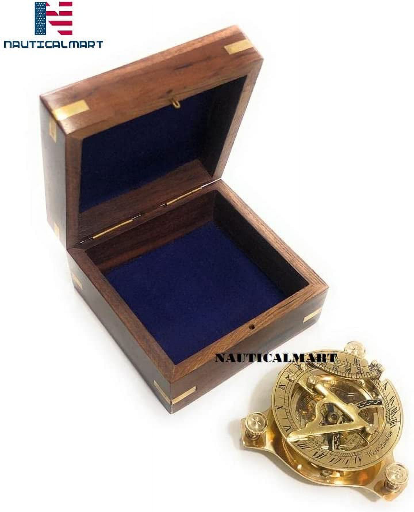 3.75" Brass Sundial Compass with Nautical Wooden Box