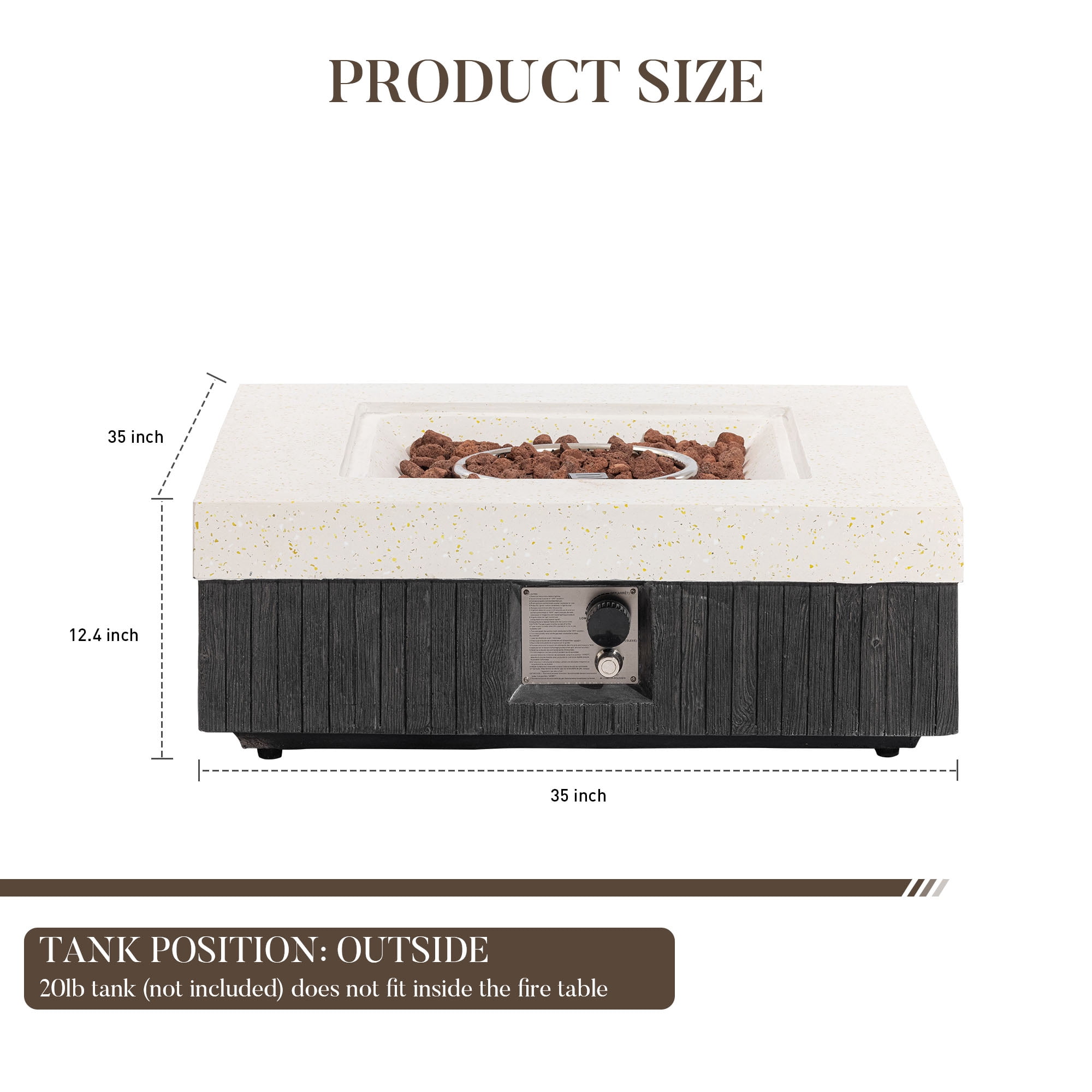 VENTOPYR 35" Square Dual-Texture Concrete Fire Pit Table with Cover & Lava Rocks​​
