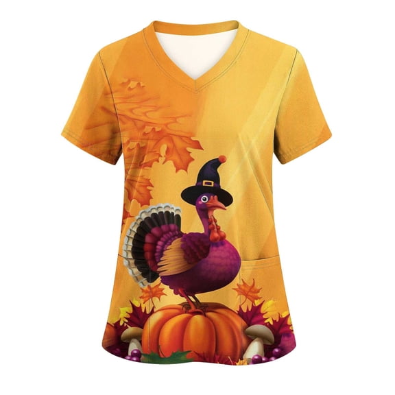 Xfvqtps Thanksgiving Scrub Tops for Women Soft V-Neck Scrubs Comfortable Nursing Uniforms Thanksgiving Turkey Print Short Sleeve Workwear Top Working Uniforms with Pockets Multicolor