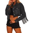 thumbnail image 4 of INSPIRE CHIC Women's Jacket Crop Denim Tassel Casual Button Down Long Sleeves Jean Coats L Black, 4 of 6