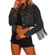 thumbnail image 4 of Chaqueta de mujer Inspire Chic, recortada, de mezclilla con flecos, casual, con botones, de manga larga, abrigo de jean XL negro, 4 of 6
