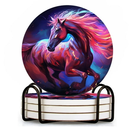 

BaHomeck Drink Coasters Set of 4 with Holder Beautiful colorful horse with long mane running in the dark Water Absorbent Ceramic Coasters Tabletop Protection Suitable for Various Cup Home Decor