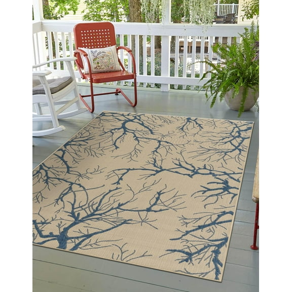 Unique Loom Outdoor Botanical Collection Area Rug - Branch (4' 1" x 6' 1" Rectangle Beige and Blue/Blue)