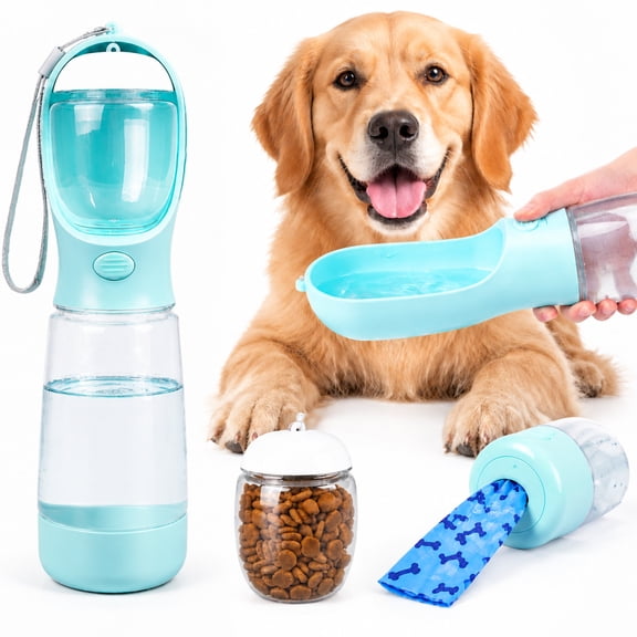 Portable Dog Water Bottle, On-The-Go Travel Water Bottle for Dogs, Portable Food & Water Bowl Container, Durable Leakproof Pet Feeder for Dogs and Cats, Blue
