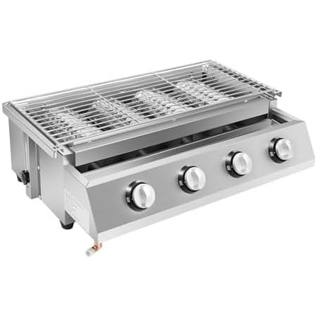 Silver 4-Burner Adjustable Portable Gas Grill, Stainless Steel Outdoor BBQ, for Camping, Backyard, Outdoor Cooking$$Garden & Patio