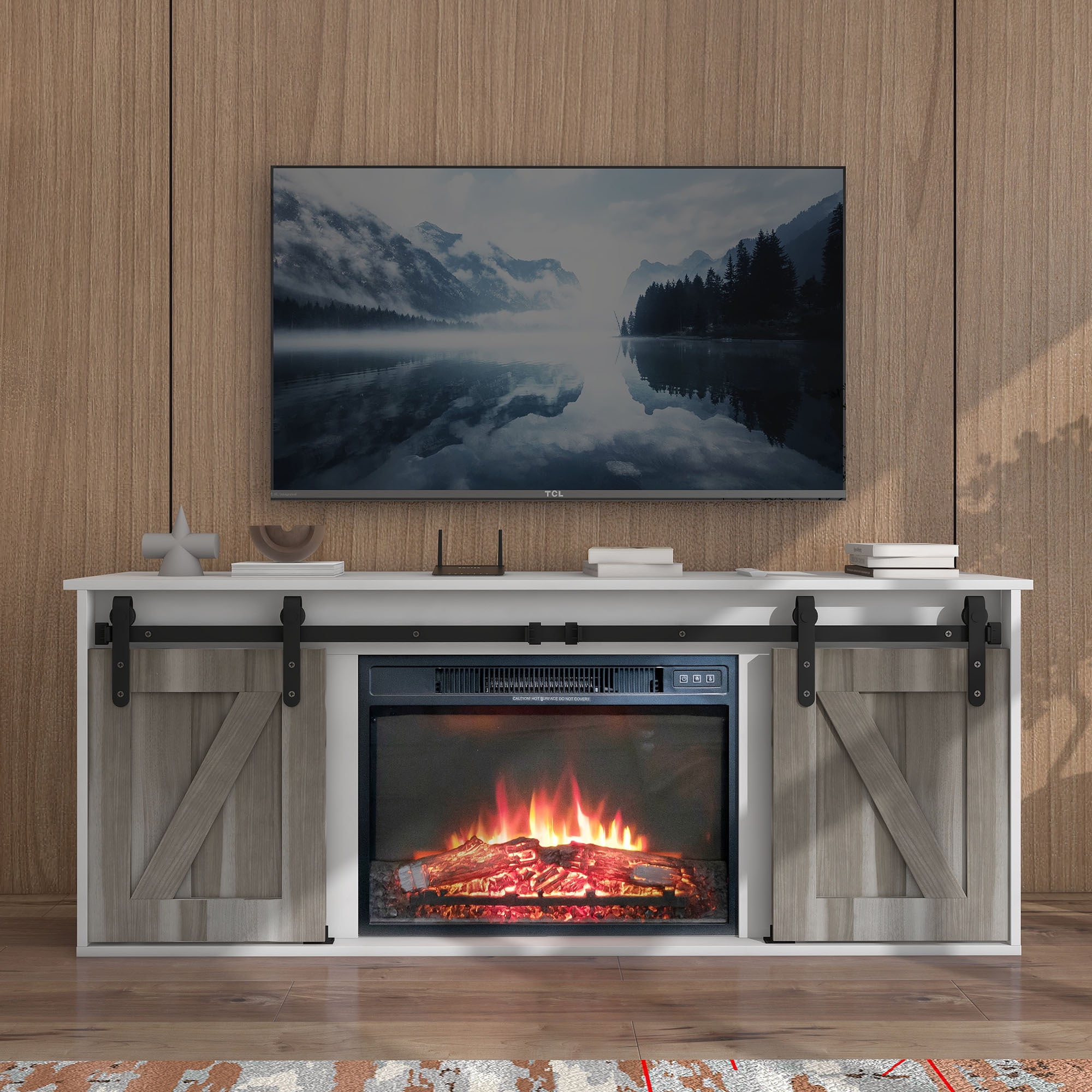 HIUU 58 inches TV Stand with Fireplace,Grey Barn Door TV Stand with Storage,Modern Entertainment