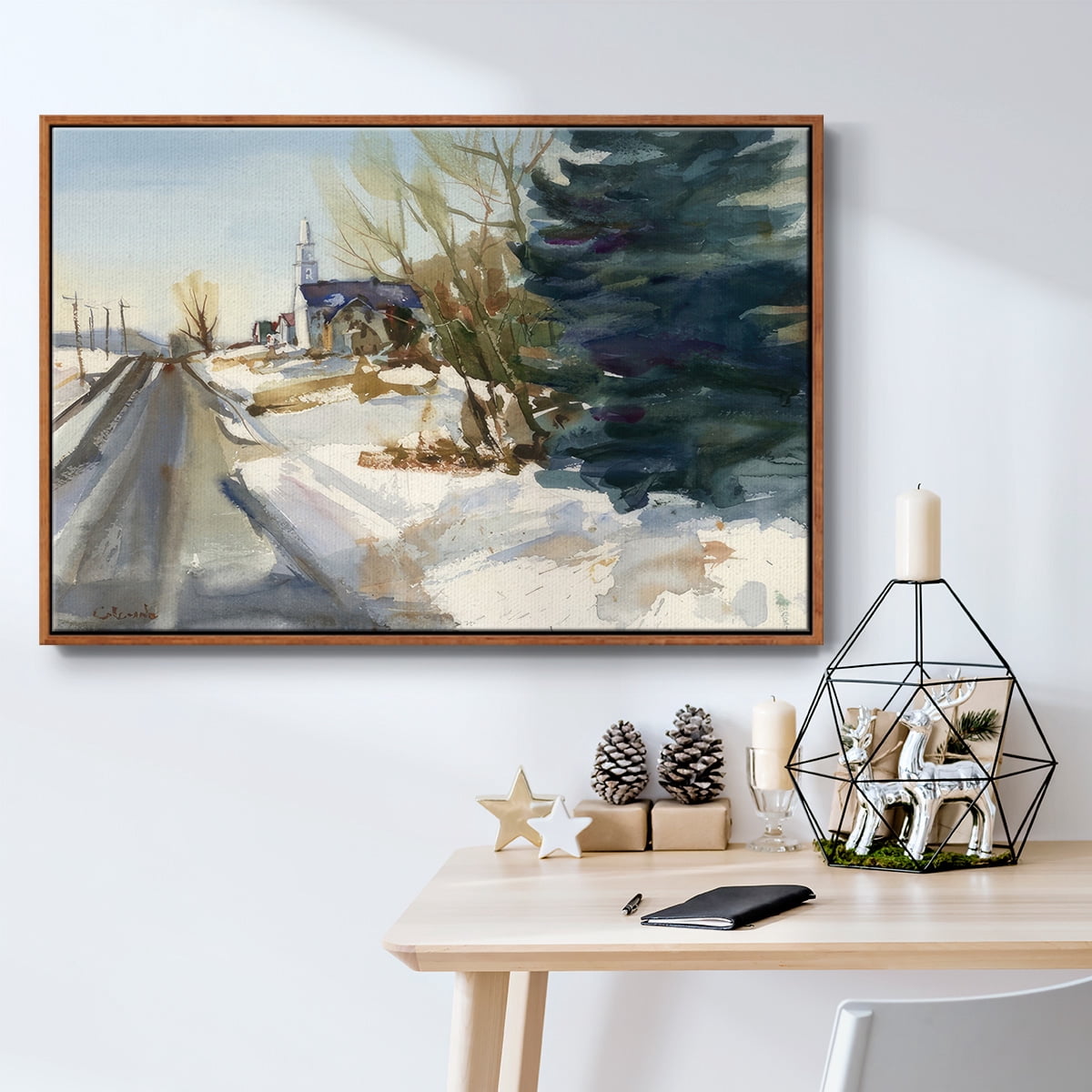 Congregational Church in Winter - Framed Gallery Wrapped Holiday Canvas - 27 x 41 - Rosewood Frame