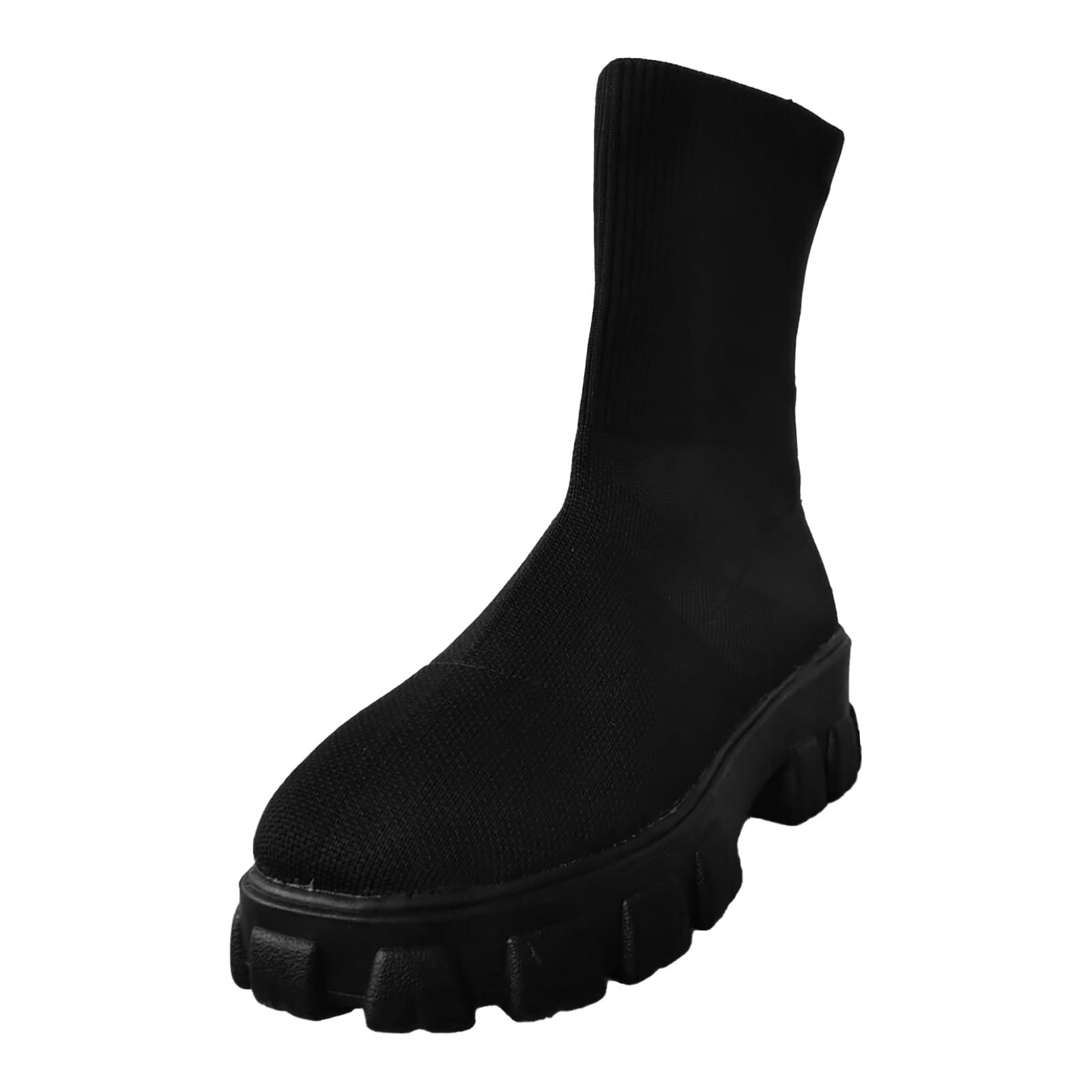 PEASKJP Womens Fashion Boots Platform Mid Calf Elastic Slip On Chunky Block Heel Lug Sole Booties Black 42