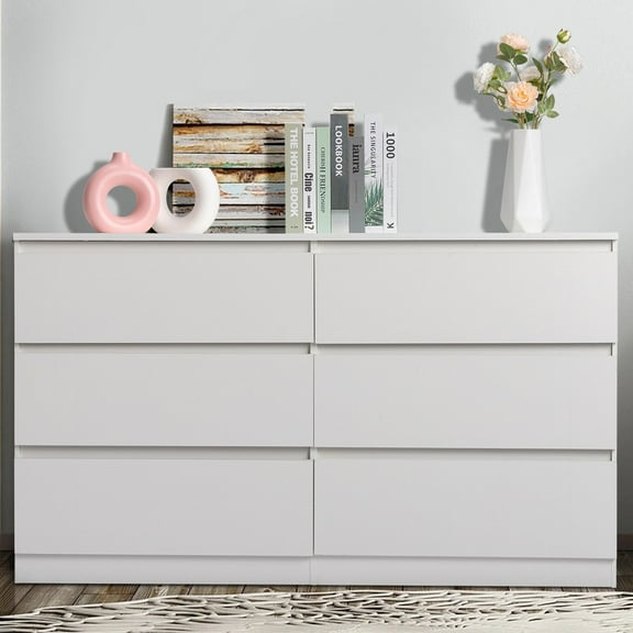 Ktaxon 6 Drawer Double Dresser, Wooden Chest, Modern Wide Storage File Cabinet Unit Nightstand for Bedroom, White