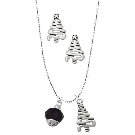 Delight Jewelry 12mm Faceted Black Glass Spinner Silver tone Zig Zag Christmas Tree Charm Necklace and Stud Earrings