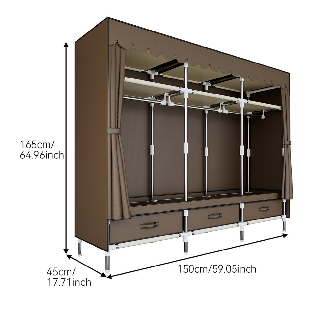 59Inch Portable Wardrobe Closet, 3 Storage Spaces with 3 Hanging Rods,3 Drawers，Steel Frame Fabric Organizer, Easy Assembly and Dust Resistant Design, Brown