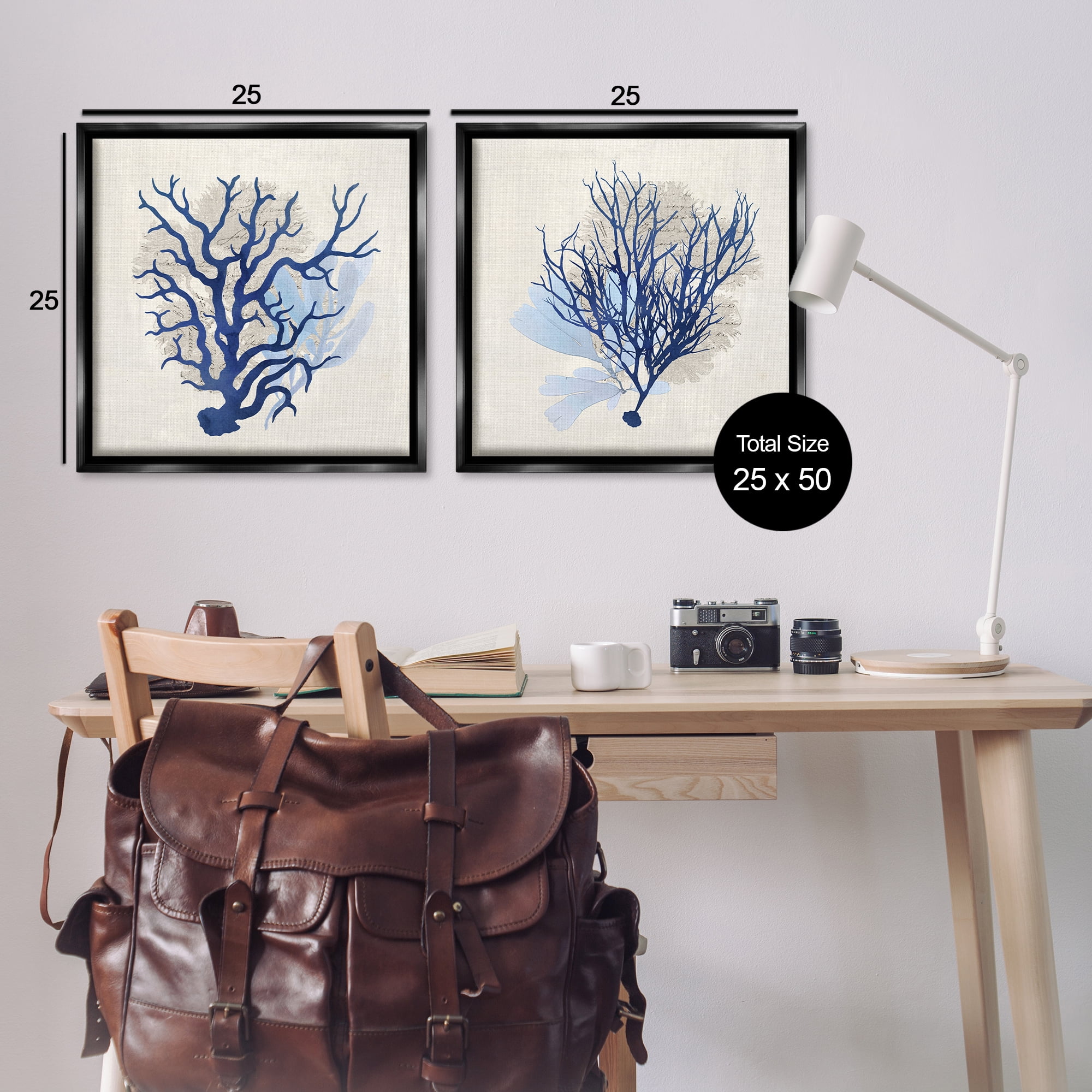 Stupell Industries Blue Coral Branches Nautical & Beach Painting Black Floater Framed Canvas Art Print Wall Art, 25 x 25, Set of 2