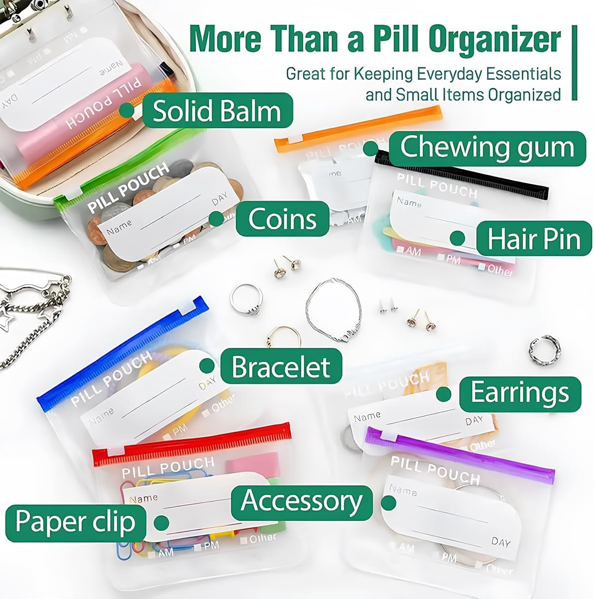 Waterproof Pill Pouch Set, Reusable A8 Waterproof Pill Pouch with 14 Color-Coded Bags Portable Travel Pill Organizer Pouches Large Weekly Pill Organizer for Travel Purse Daily Use (Black)