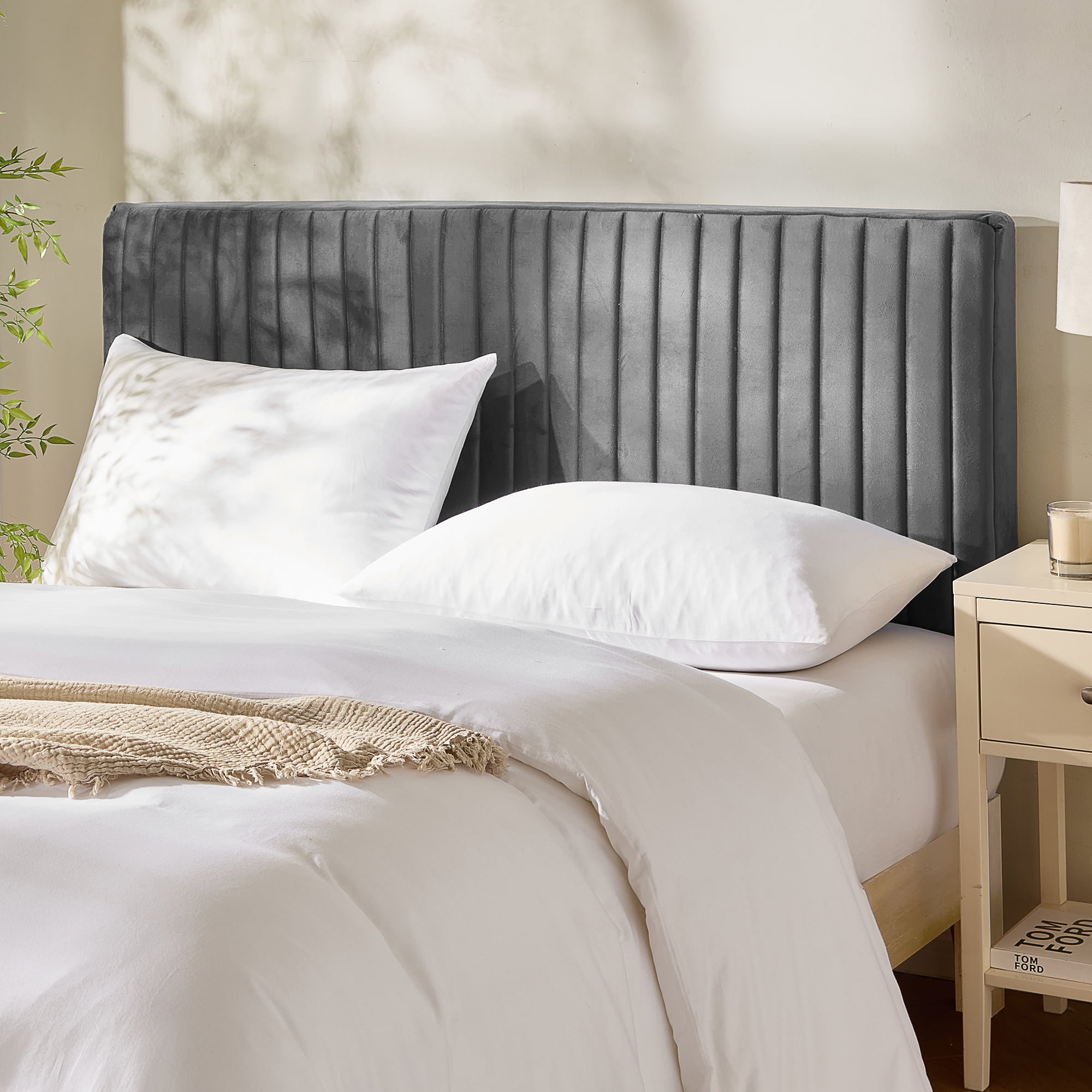 Virtu Twin Headboard No Tools Required Peel and Stick Upholstered Velvet Bed Headboard Only, Gray