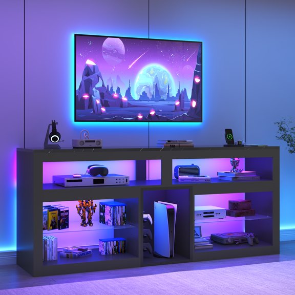 Blotout 74" TV Stand for TVs up to 85" with LED Lights and Power Outlet, 32" Tall Modern Gaming Entertainment Center with Adjustable Shelve for Living Room, High Glossy Black Marble