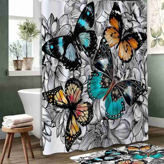 70x70 inch Black and White Floral Line Art with Colorful Butterflies Shower Curtain, Waterproof Polyester Fabric with Hooks for Bathroom Decor