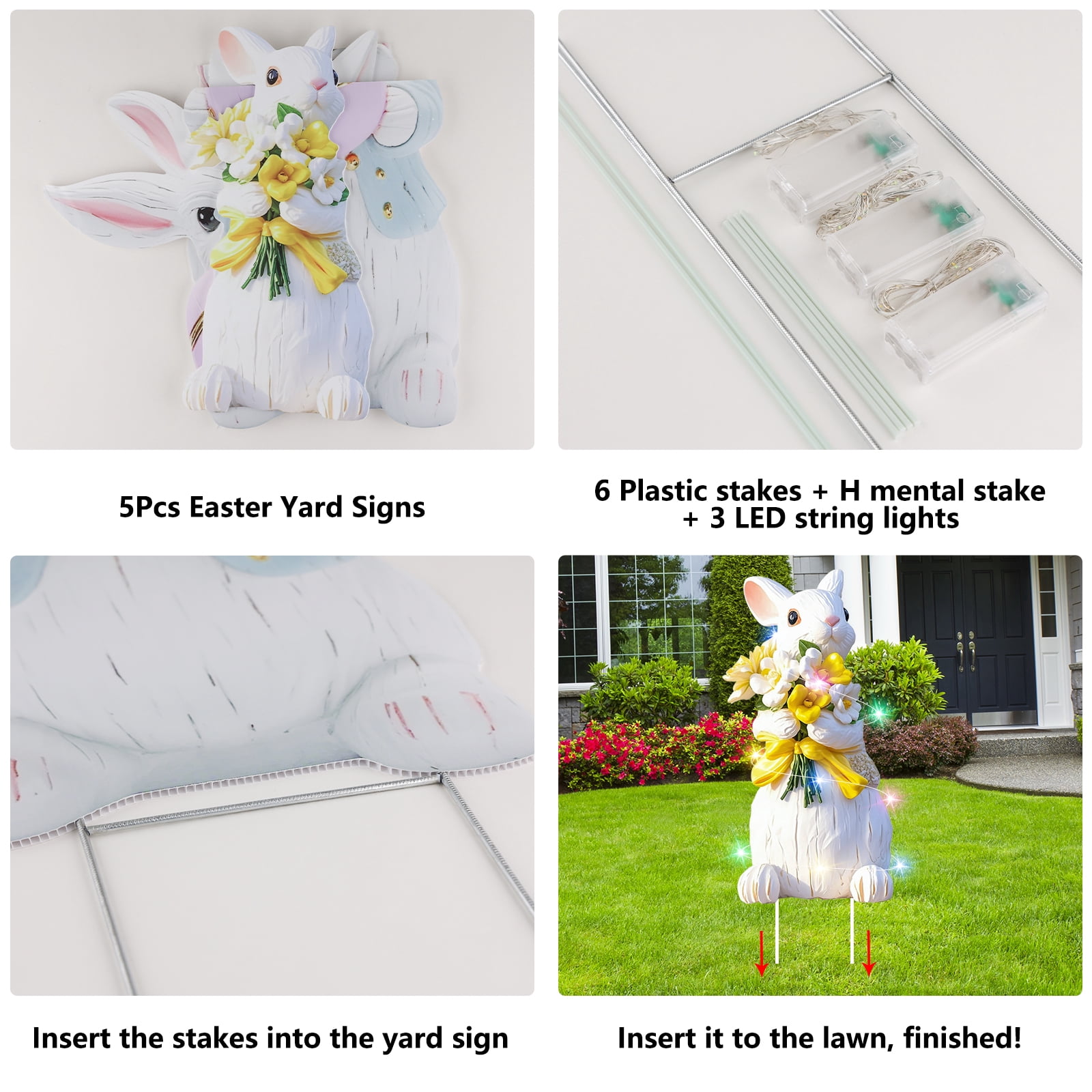 YIBAGA Easter Bunny Yard Signs Extra Large Easter Outdoor Decorations with Stakes with LED Lights 3pcs