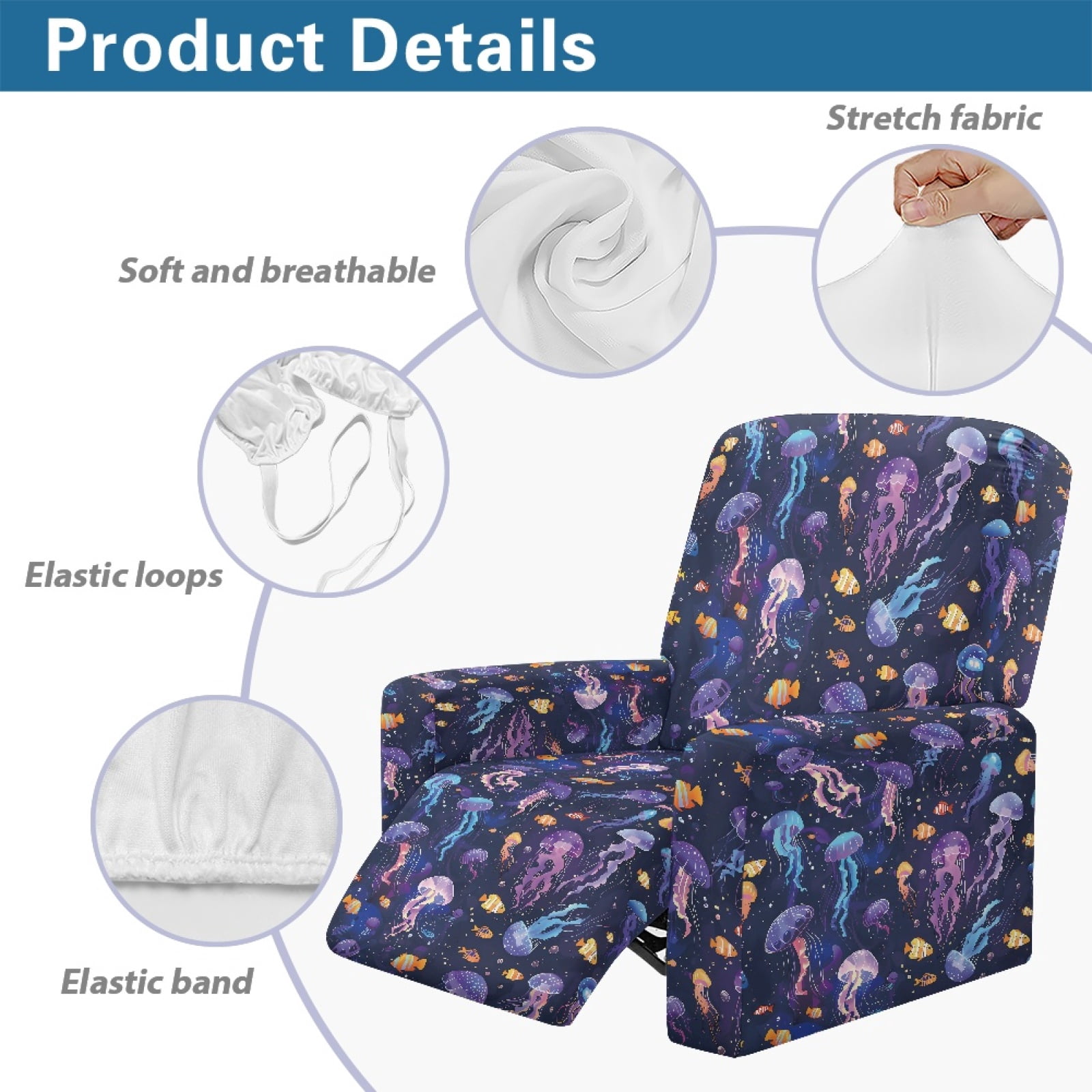 Xoenoiee Jellyfish Fish Print Recliner Slipcover Stretch Reclining Chair Covers 4 Pieces Non Slip Recliner Sofa Slipcovers with Pockets Fitted Sofa Couch Cover Lazy Boy Chair Cover for Pet Kid