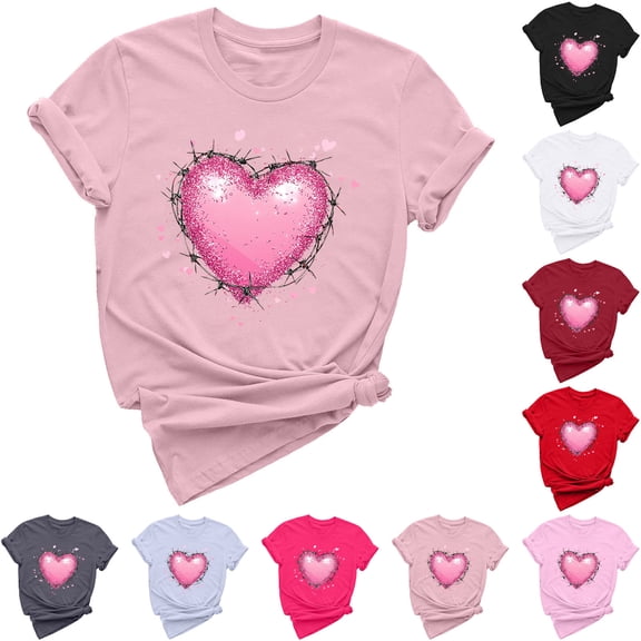 Jsaierl Valentine's Day Shirts Womens Cute Love Heart Print Tees Work Short Sleeve Blouse Round Neck Holiday T-shirt Tops Valentines Day Gifts