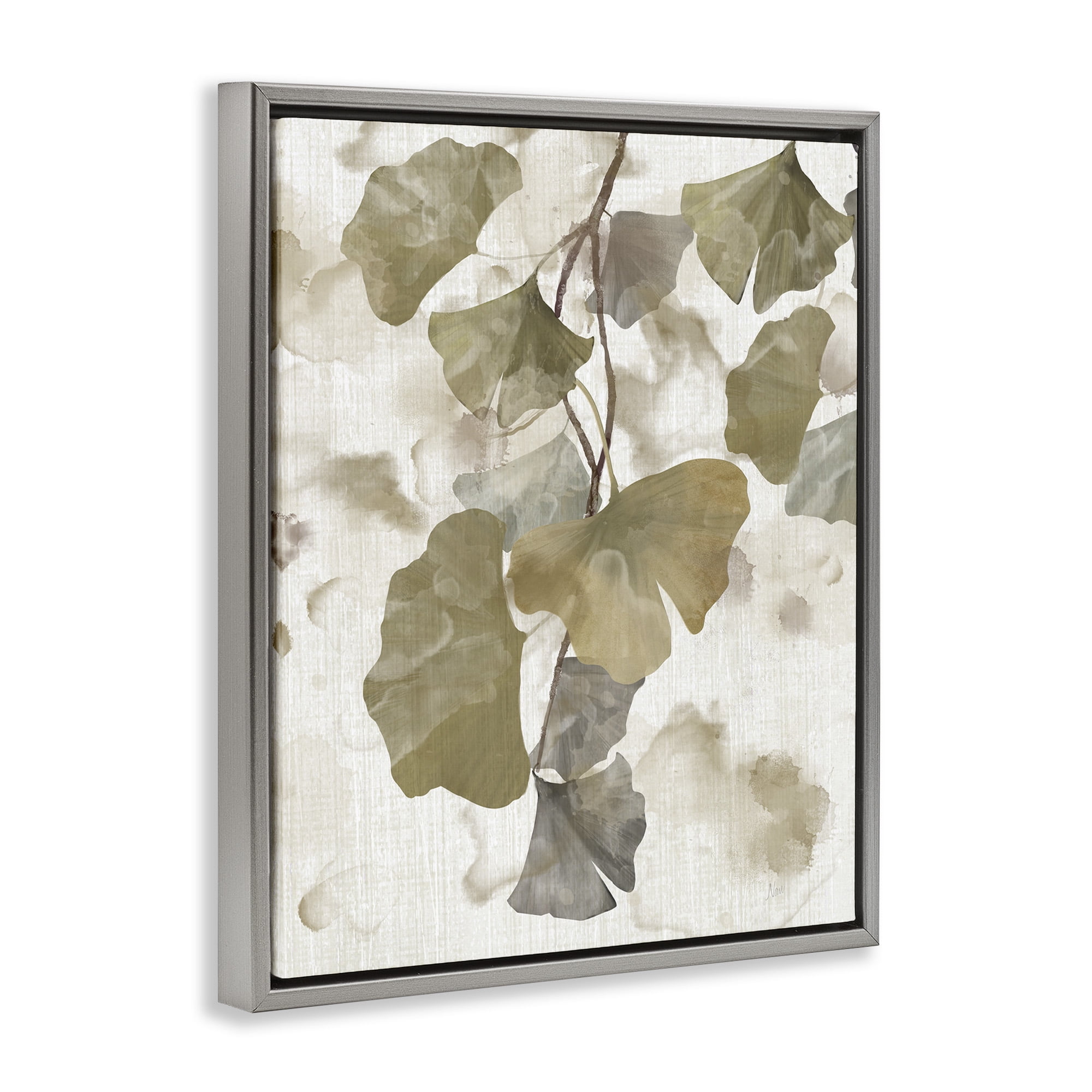 Stupell Industries Rustic Ginkgo Leaves Botanical & Floral Painting Gray Floater Framed Canvas Art Print Wall Art, 17 x 21