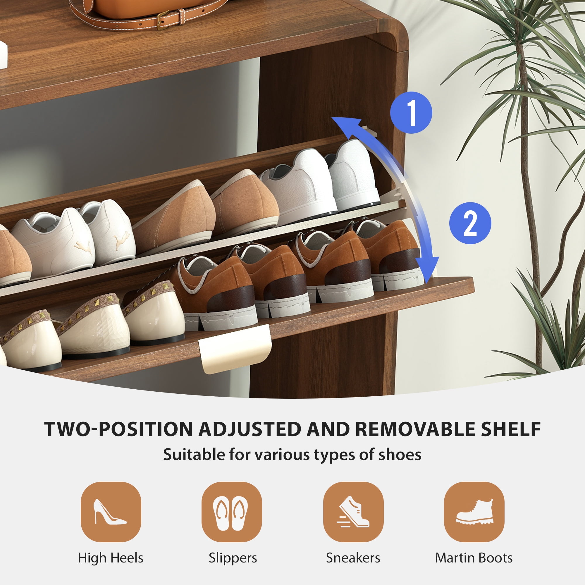Wirrytor Walnut Curved Oval 4 Flip Drawer Shoe Cabinet, Farmhouse Stripe Pattern Shoe Storage Organizer, Adjustable Shelves Narrow Entryway Shoe Rack With Anti-Tipping Device For Hallway