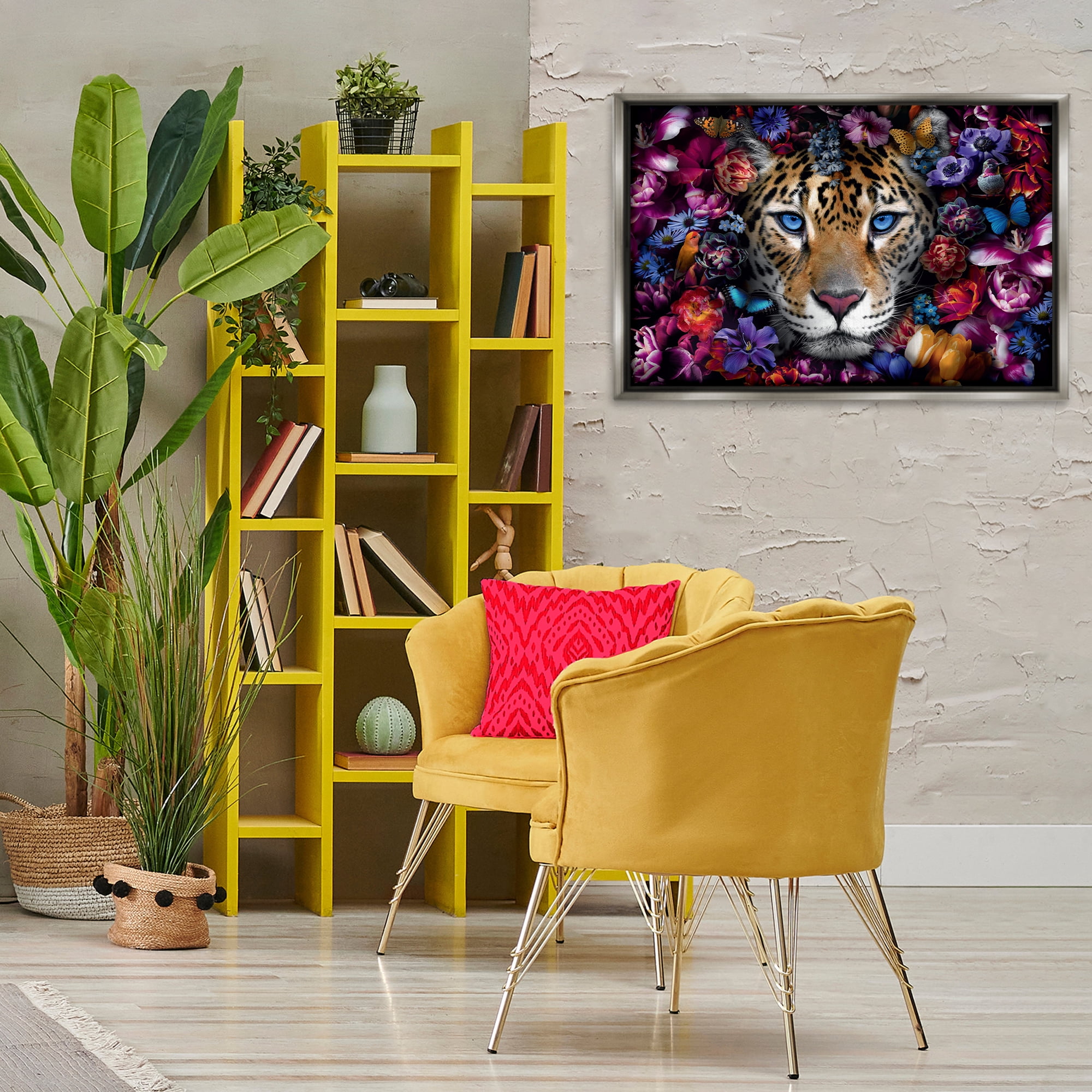 Stupell Industries Piercing Leopard Gaze Plants & Flowers Painting Gray Floater Framed Canvas Art Print Wall Art, 31 x 21
