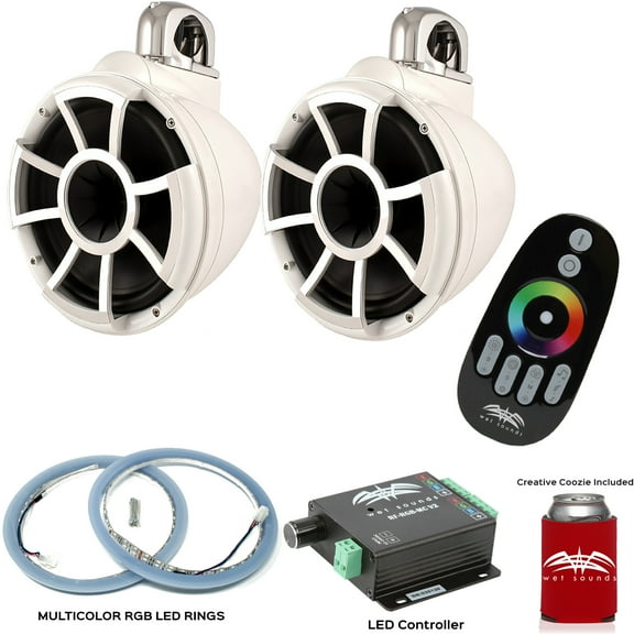Wet Sounds REV10W-FC Fixed Clamp Tower Speakers with RGB LED Rings & RF-RGB-MCV2 RGB LED Controller - White