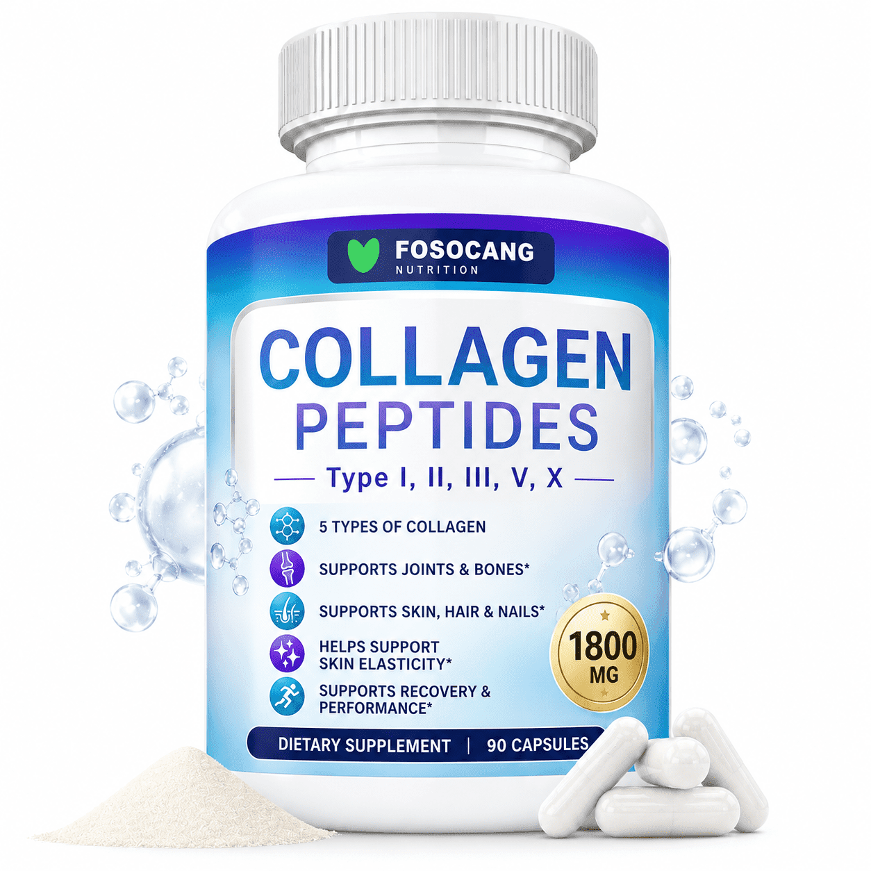 FOSOCANG Multi Collagen Peptides Pills 1800 Mg Complex - Type I, II, III, V, X Premium Collagen Complex for Better Skin & Hair, for Men Women, 90 Capsules, Supplement