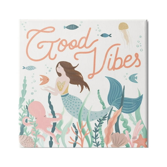 Stupell Industries Good Vibes Phrase Children's Mermaid Under Water Fish Graphic Art Gallery-Wrapped Canvas Print Wall Art, 17x17, by Laura Marshall