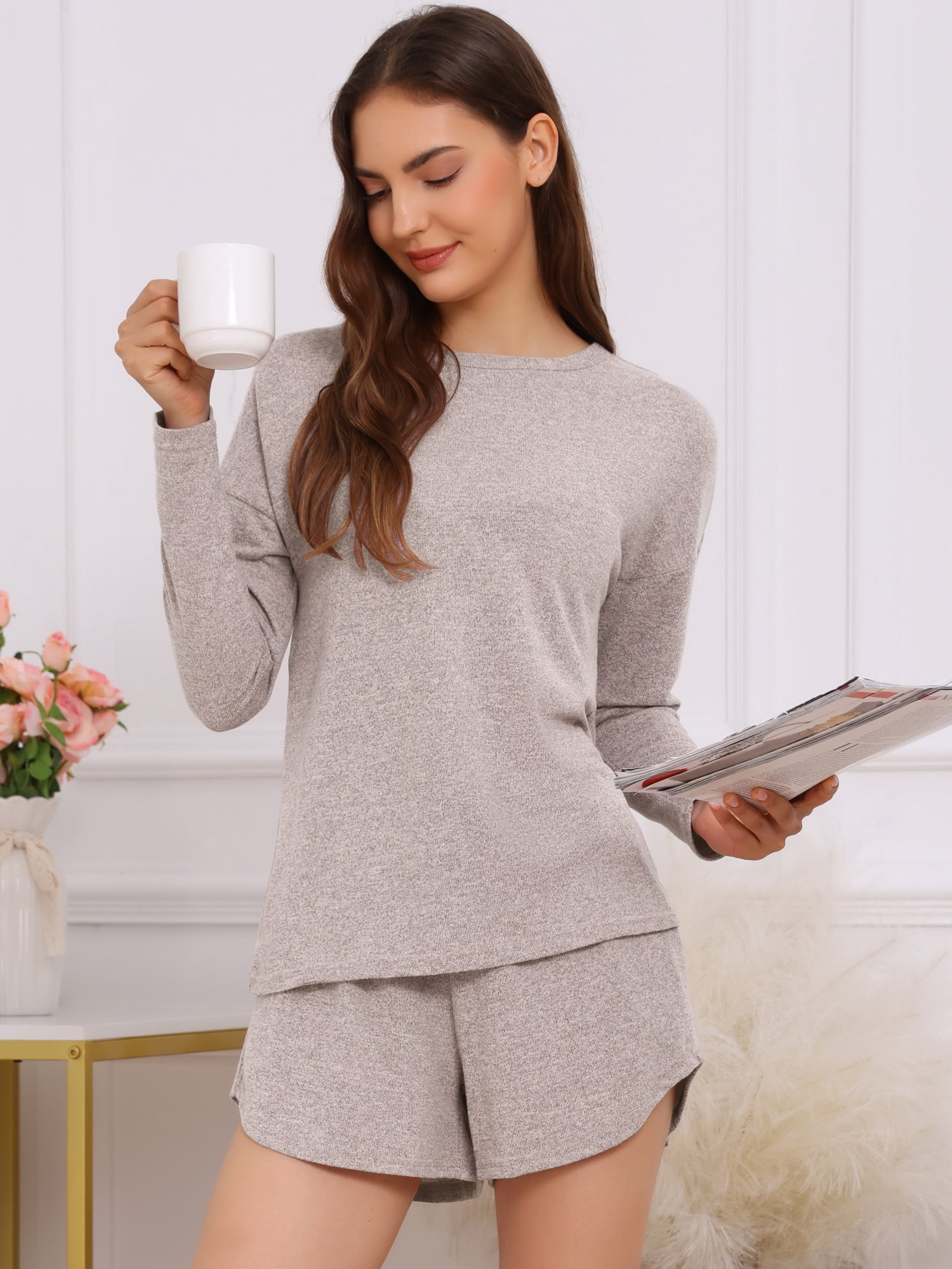 DARING DIVA Women's Long Sleeve Elastic Waistband Top and Shorts Set Loungewear S Beige