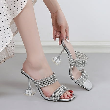 

Cathalem Foreign Trade Summer Fashion Cup Heel Flip Flop Women s Shoes Diamond Square Head High Heel Women s Heeled Sandals Green 7.5