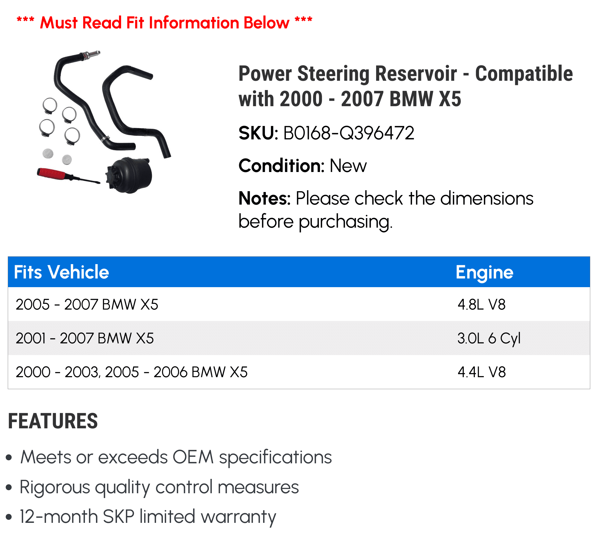Power Steering Reservoir - Compatible with 2000 - 2007 BMW X5 2001 2002 2003 2004 2005 2006