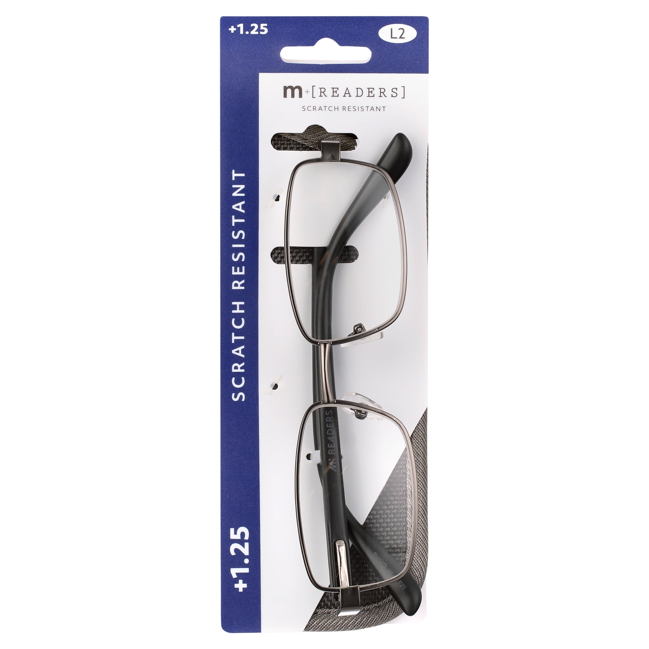 M+ Men's Reed +1.25 Rectangle Reading Glasses with Case, Dark Gunmetal