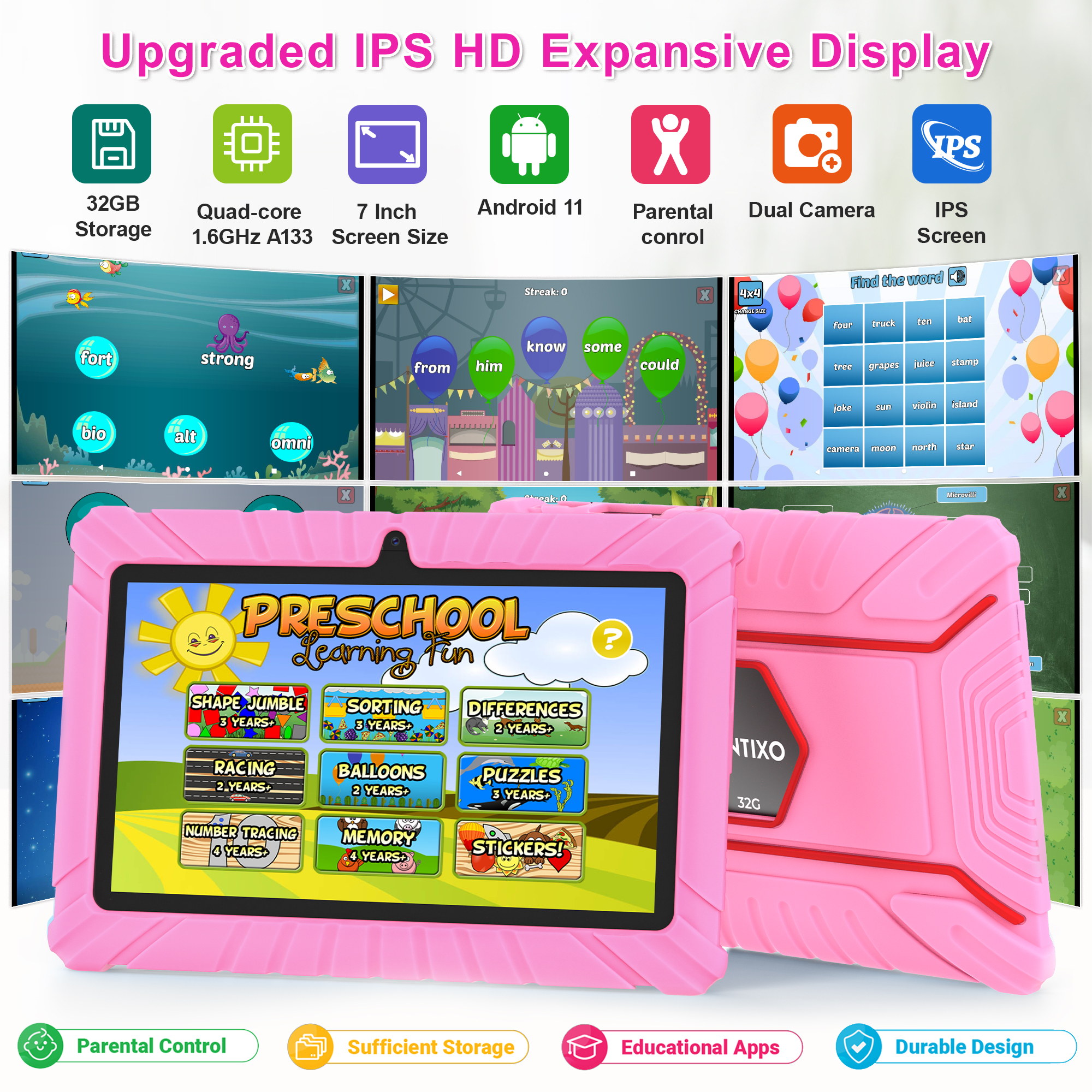 Contixo Kids Tablets 2025, Android Tablet for Kids with Parental Controls, 32GB Storage, 7", Pink