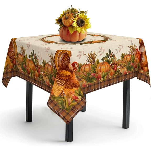 Thanksgiving Turkey Tablecloth Vintage Fall Pumpkin Table Cloth for Kitchen Decoration - 60" X 60" Square