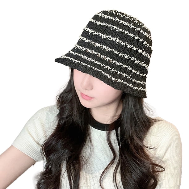Sombrero de pescador de verano con circunferencia de 56-58 cm, sombrero de pescador con rayas en contraste para mujer, sombrero de lavabo hueco y transpirable con sombrilla