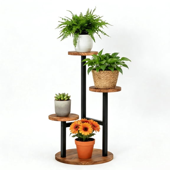 Wondiair 3-Tier Round Plant Stand, 21" Rustic Brown Carbonized Wood & Metal Plant Shelf for Indoor Outdoor Patio, Balcony, Living Room