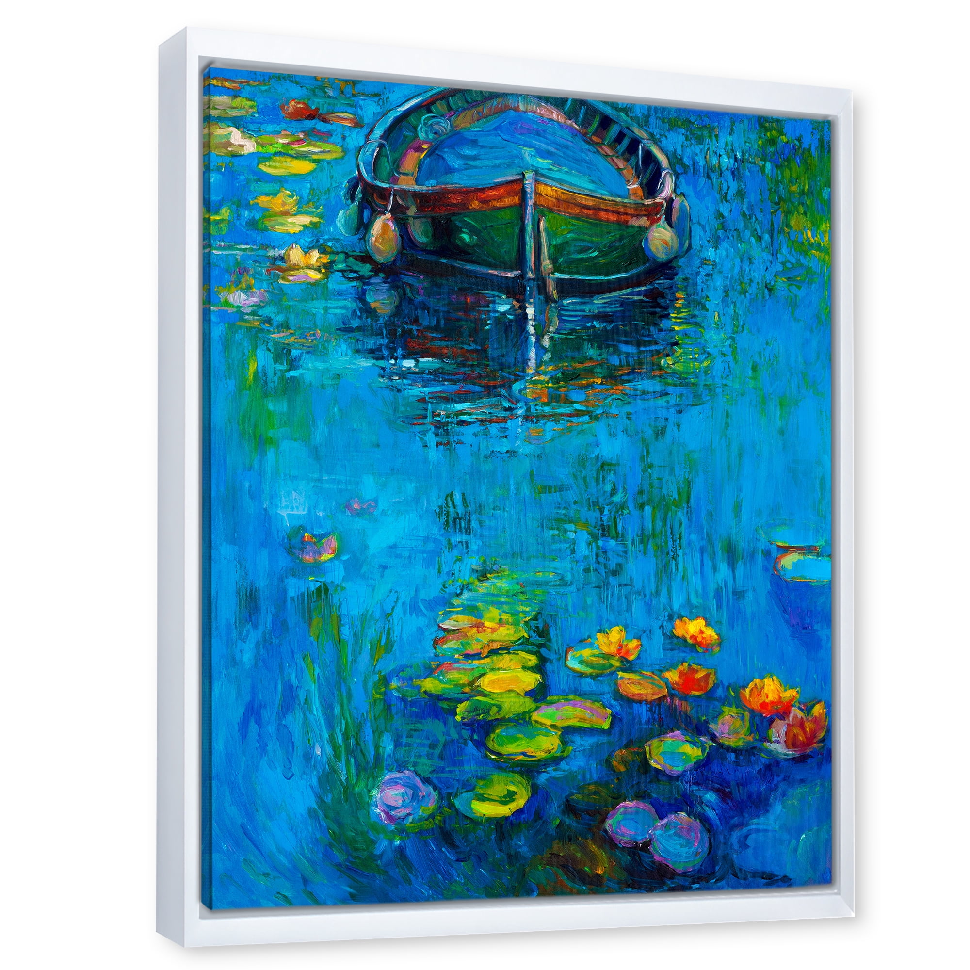Boat In Blue Lake 30 in x 40 in Framed Painting Canvas Art Print, by Designart